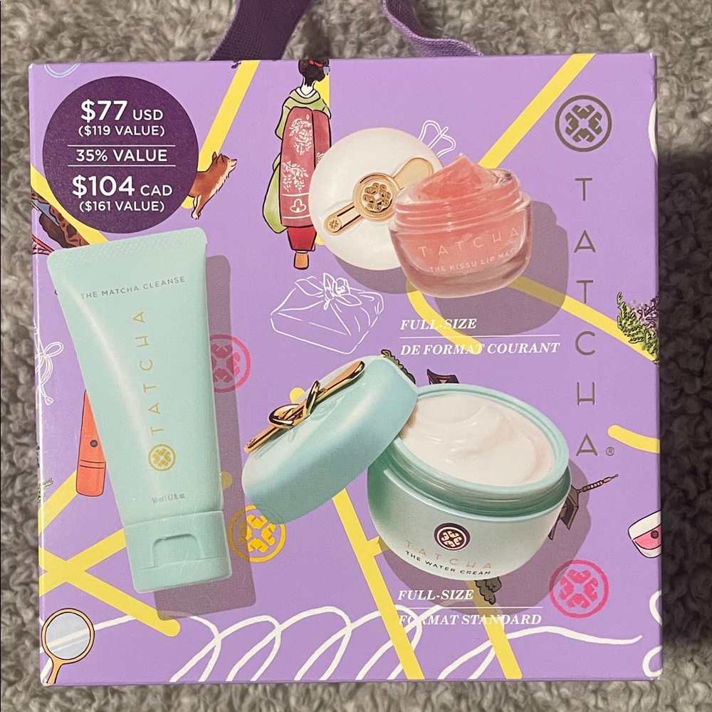 Tatcha Skincare Set with cleanser, cream and lip mask.